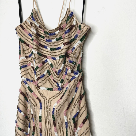NWT X By NBD Nea Romper Aztec Tan Multi Color Beaded Striped Jumpsuit Large - Picture 2 of 16